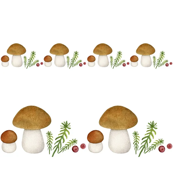 Seamless Horizontal Border Watercolor Mushrooms Grass Red Berries Isolated White — Stock Photo, Image