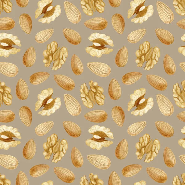 Seamless Pattern Walnut Almond Kernels Beige Background Hand Drawn Elements — Stock Photo, Image