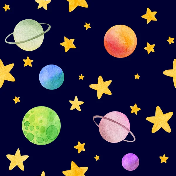 Seamless pattern of colorful planets and yellow stars on deep blue background. Dark fantastic night. Cute childish texture for fabric, wrapping paper, wallpaper design. Colorful universe. Cosmic theme