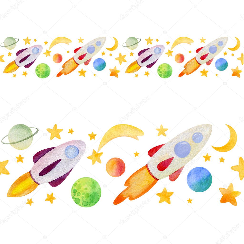 Colorful seamless border of stars, rockets, planets isolated on white background. Outer space childish pattern. Cute design of hand-drawn cartoon elements. Astronomy theme