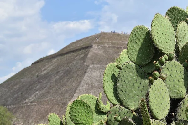 Vista Lateral Pirâmide Teotihuacan Com Turistas Que Ascendem Lugar Sacred — Fotografia de Stock