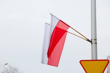 11.2019 Kielce Polonya - Polonya bayrağı rüzgarda savruluyor. Polonya bayrağı 