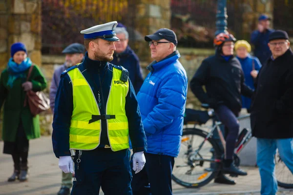 2019 ポーランド警察 ポーランドの警察 独立記念日中のポーランドの警察 道路脇の道路脇の警察官だ 警察のサイン — ストック写真