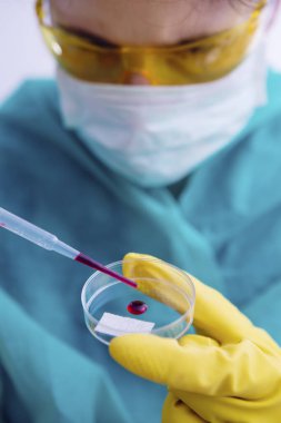 Laboratuvarda Coronavirus hastalığı (COVID-19) kan örneği bulundu. Virüs örneği laboratuvarda. Doktor yeni virüsü test ediyor. 