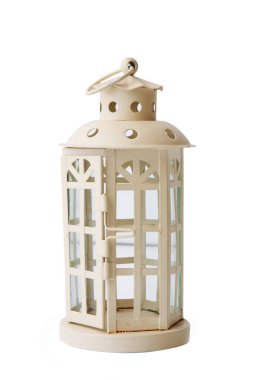 Beyaz üzerine izole edilmiş beyaz küçük bir fener. Beyaz geri dönüş feneri