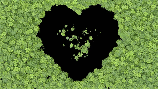 Zielona Koniczyna Pokrywająca Ekran Kształcie Serca Czarnym Tle Renderowanie — Zdjęcie stockowe