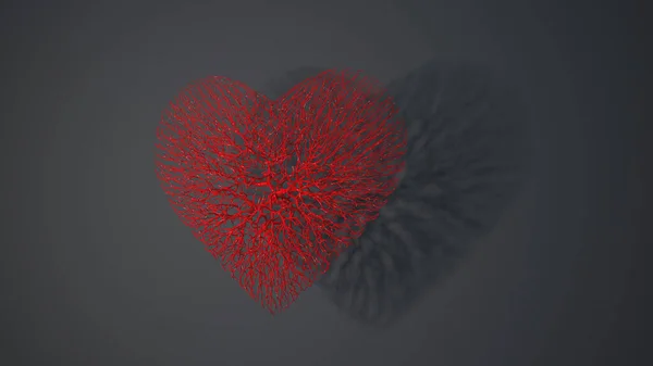 Red heart made out of wires on a dark background. 3D rendering.