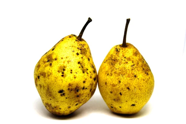 两个漂亮的黄色梨在白色的背景上 两个带黑点的黄色梨 背景为白色 — 图库照片