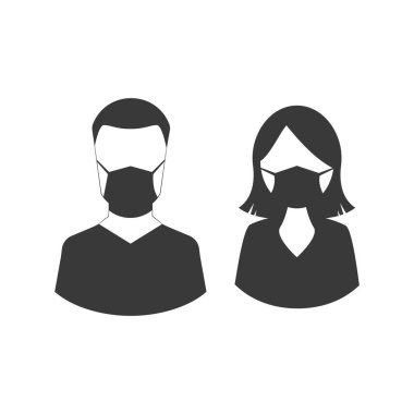 Erkek ve dişi, yüzünde tıbbi maske olan ikonlar yerleştirdiler. Vektör illüstrasyonu EPS10