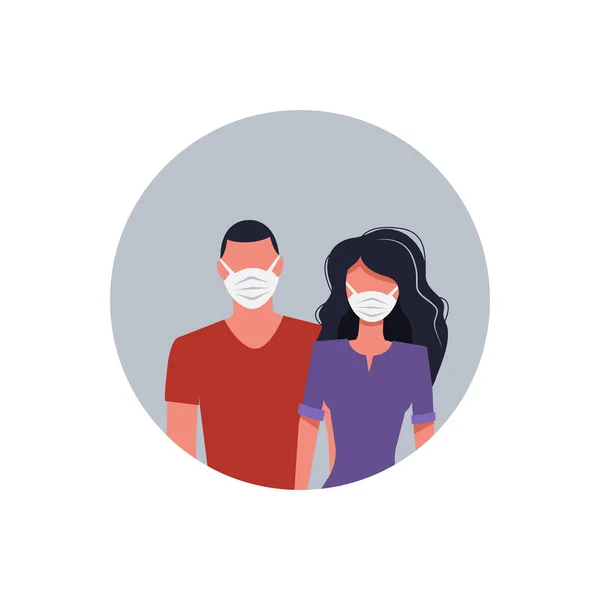 Парень и девушка в медицинских масках. Борьба с коронавирусом. векторная иллюстрация — стоковый вектор