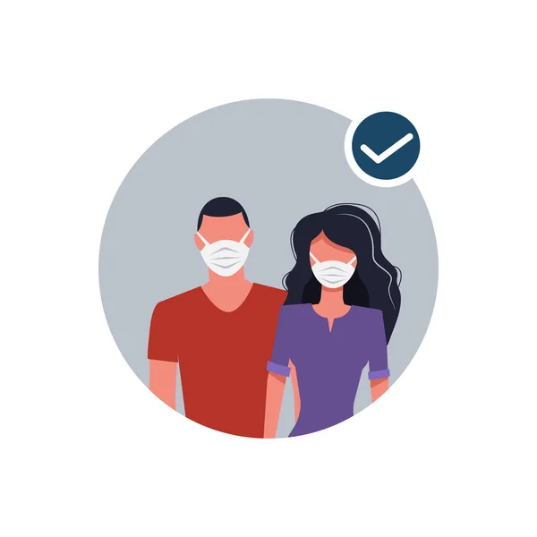 Um tipo e uma rapariga com máscaras médicas. a luta contra o coronavírus. ilustração vetorial —  Vetores de Stock