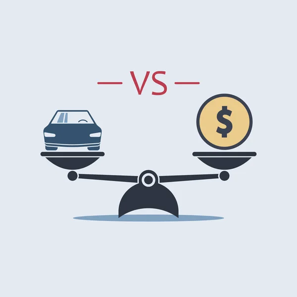 car vs dollar money icon on scale. vector symbol in flat style. buying car concept EPS10