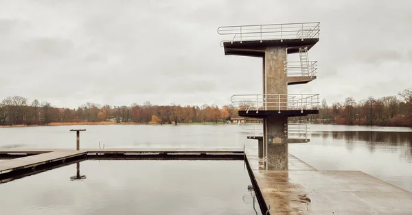 Darmstadt Hessen Germany Feb 2020 Diving Platform Woog Lake Cloudy - Stok İmaj