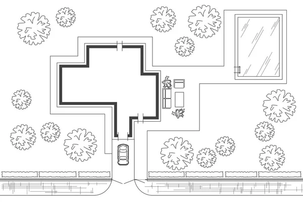 Лінійний архітектурний ескіз загального плану окремого будинку — стоковий вектор