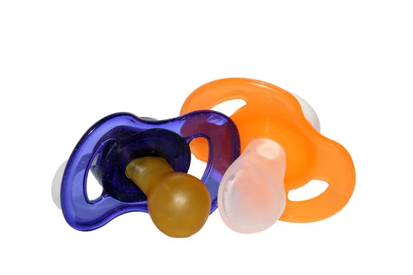 Two baby pacifiers on a white background — Stock Photo, Image