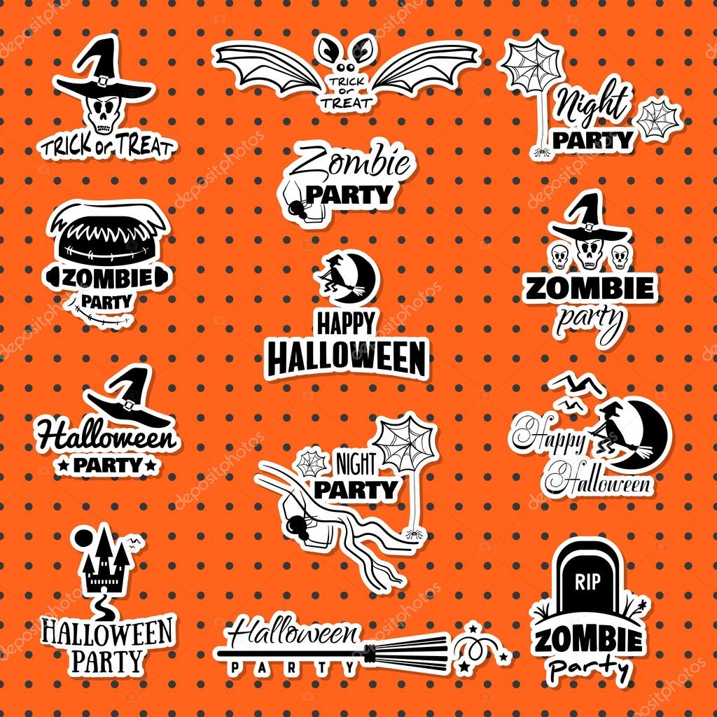Set of decorative Halloween stickers. Black stickers isolated on orange background. Elements of design for Halloween. Vector illustration