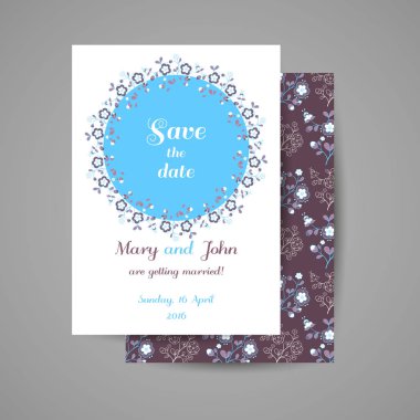 Mavi çiçekli düğün davetiyesi