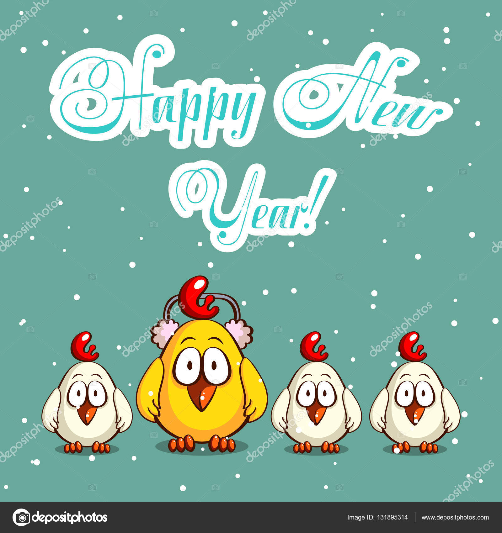 Greeting card with funny cartoon chicks on snowy background Vector illustration — Vector by your solution