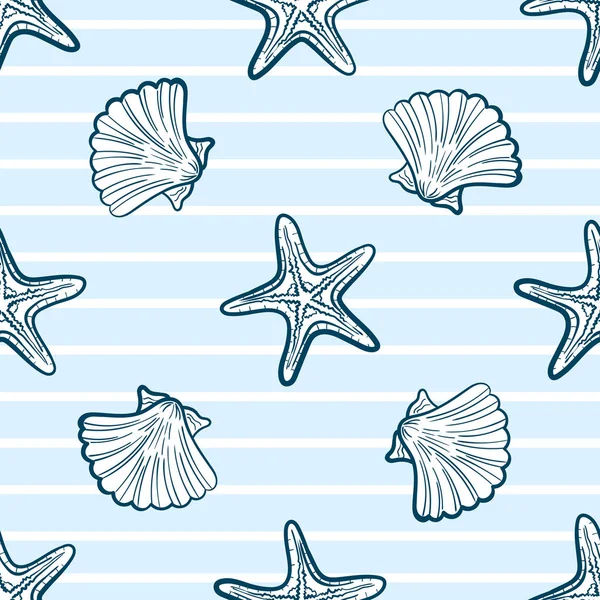 Mušle a Starfishes vzor bezešvé — Stockový vektor