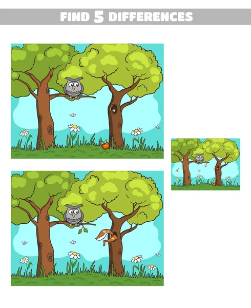 Encontrar diferencias Bosque búho ardilla — Vector de stock