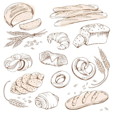 Ekmek ve tatlı pasta, baget, somun, çörek, kruvasan, ekmek çubuğu, fırın, kafe, şekerleme, ekmek dükkanı, el boyaması.