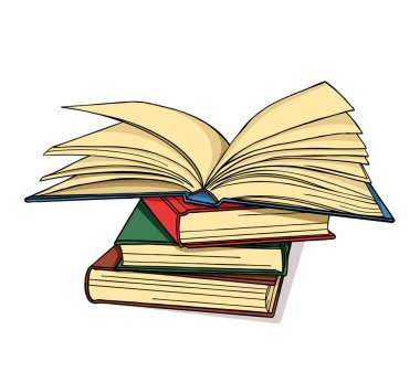 Birbiri üzerine yığılmış bir kitap yığını. Bir kitap açık. Kitapçı, okul, üniversite, kütüphane için vektör illüstrasyonu.
