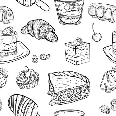 Karalama, pasta, kruvasan, dondurma, çikolata kaplı çilek, kremalı tatlı şeklinde kusursuz bir tatlı şekli. Menü, restoran, kafe, fırın, tekstil için arkaplan.