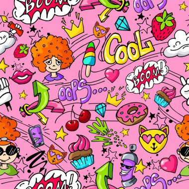 Kusursuz grafiti deseni. Pembe arka plan, kız, kedi, dudaklar, aşk. Yatak, kartpostal, kapak, ambalaj ve herhangi bir tasarım üzerine baskı yapmak için.