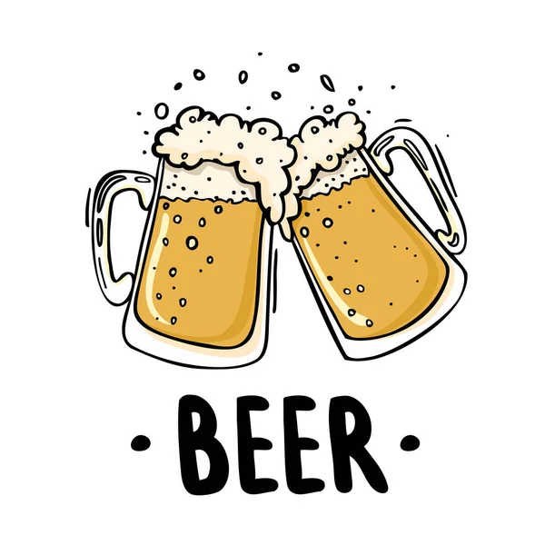 Duas Canecas Cerveja Batendo Umas Nas Outras Torradas Rabiscos Ilustração — Vetor de Stock