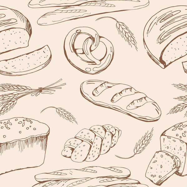 Bread vector hand drawn set illustration in graphic style. Seamless pattern with bread.