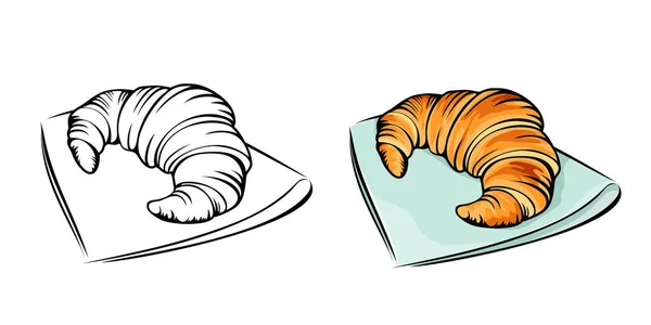 Croissant Repose Sur Une Serviette Version Monochrome Couleur Pour Café — Image vectorielle