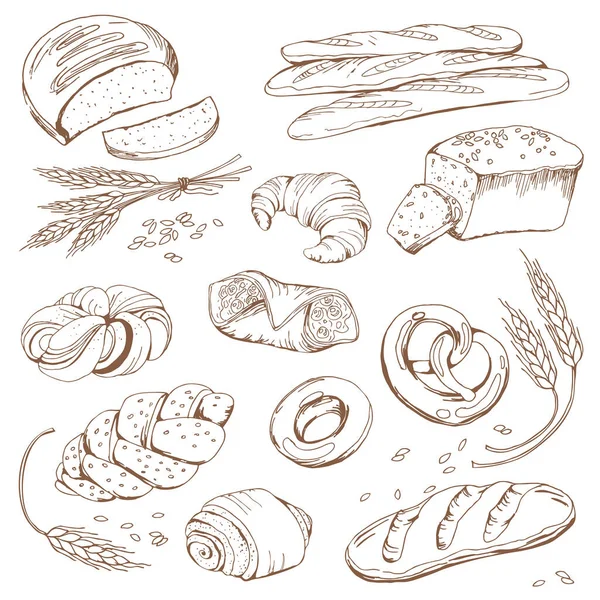 Bröd Och Söta Bakverk Baguette Limpa Bullar Croissant Brödspik Illustration — Stock vektor