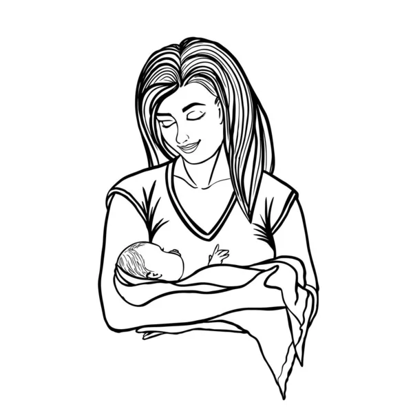 Een Jonge Moeder Houdt Een Baby Haar Armen Gelukkig Glimlacht — Stockvector