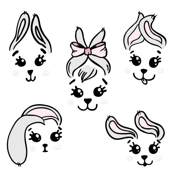 Söta Ansikten Kaniner Känslor Barnteckningar Haröron Gratulationskort Design För Gratulationskort — Stock vektor