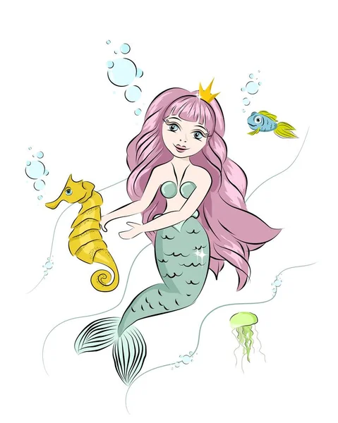 Beautiful Mermaid Sea Horse Postcard Mermaid Style Doodle — Stock Vector