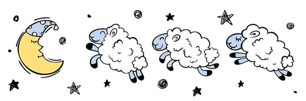 Crescent Sheep Count Sheep Bedtime Children Doodle Illustration — Stock Vector