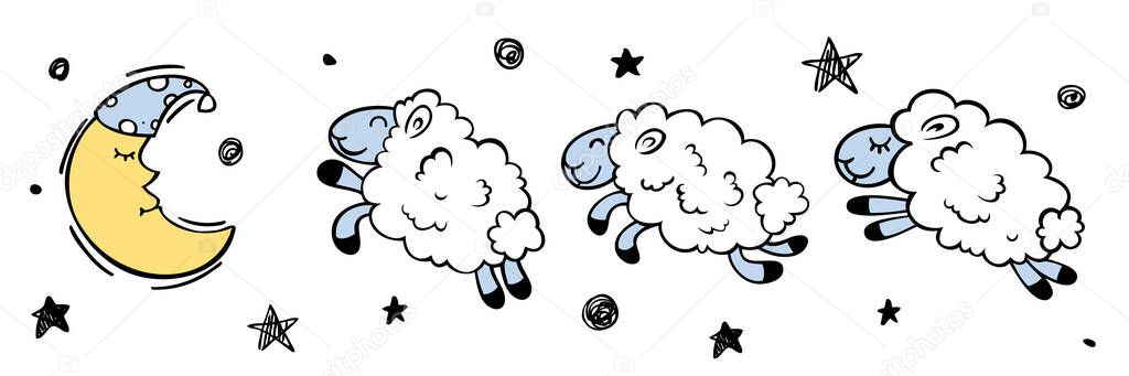 Crescent and sheep. Count the sheep before bedtime. Children's doodle illustration.