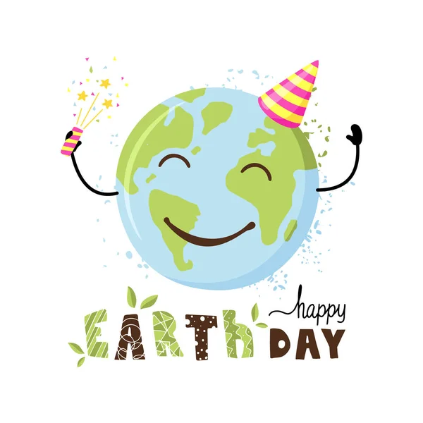 Happy Earth Day, April 22 holiday, planet birthday, poster or postcard with a joyful globe, salute, lettering.