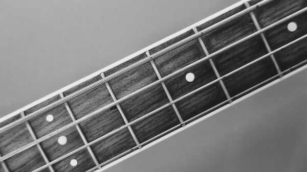 Bass guitar beck closeup with copy space . black and white