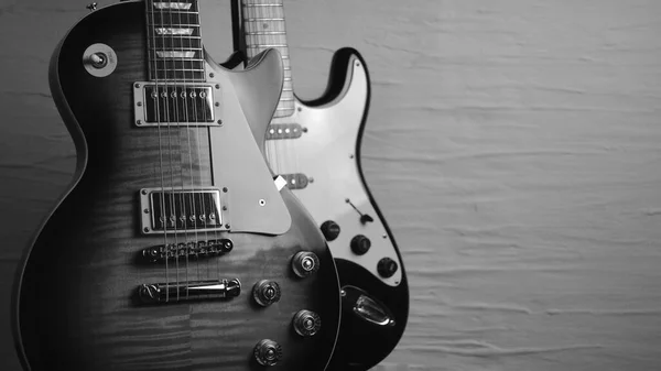 Two Guitars Closeup Copy Space Black White — Stock Photo, Image