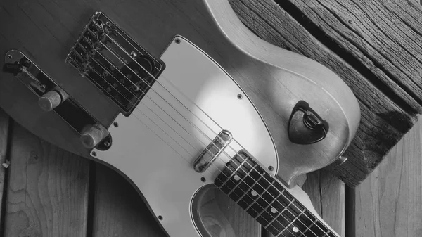 Vintage Closeup Guitarra Elétrica Nas Tábuas Madeira — Fotografia de Stock