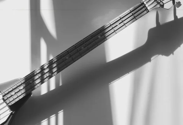 Old Vintage Bass Guitar Copy Space Light Shadow Black White — Stock Photo, Image