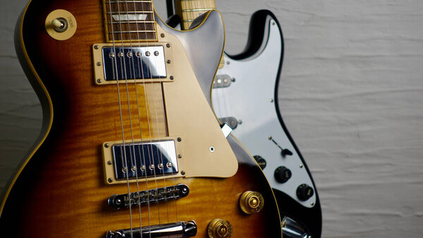 Vintage electric guitar body closeup . Copy space