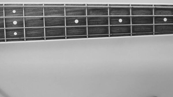 Bass guitar neck closeup . black and white