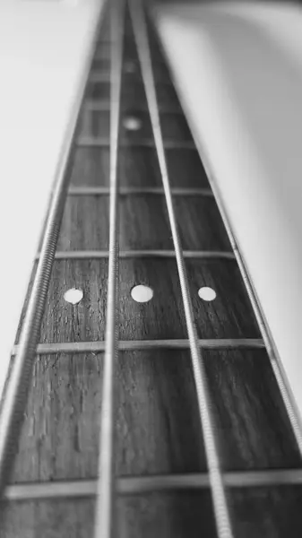 Bass Guitar Neck Closeup Black White — Stock Photo, Image