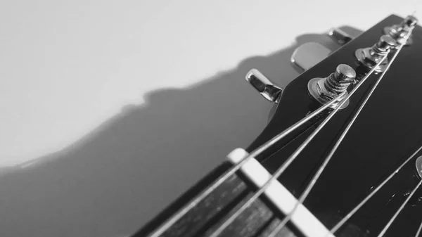 Electric Guitar Neck Headstock Closeup Copy Space Black White — Stock Photo, Image
