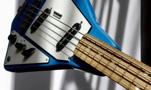 Old Vintage Blue Bass Guitar Closeup Color Background Copy Space — Stock Photo, Image