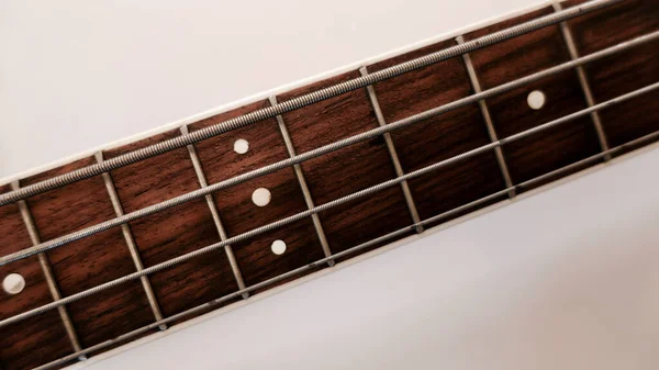 Bass guitar neck with copy space . White background