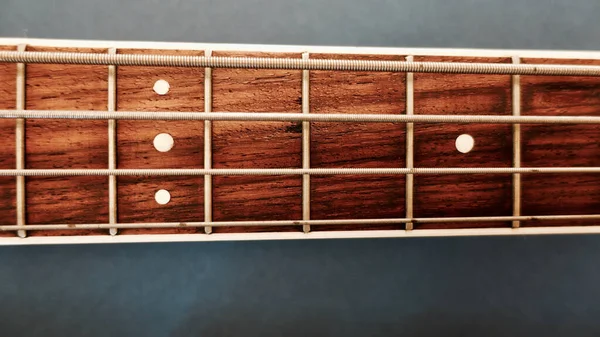 Bass Guitar Neck Closeup Copy Space Blue Background — Stock Photo, Image