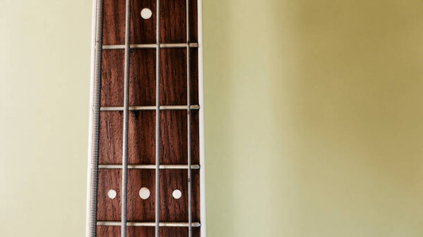 Bass guitar neck closeup . Copy space . Green background
